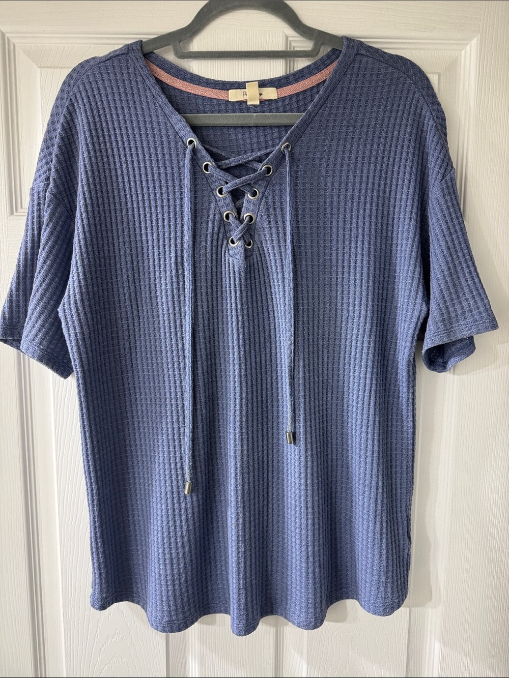 Lace-Up Waffle Knit Short Sleeve Tee - Periwinkle